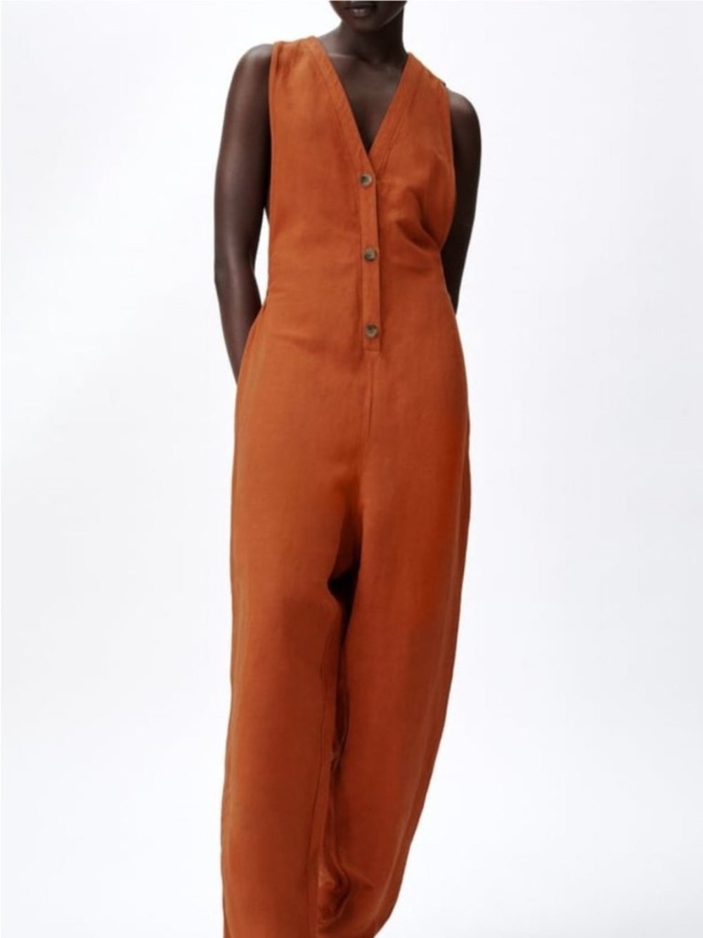 Zara Linen Oversized Jumpsuit Burnt Orange Wide Leg Button down Minimalist Chic